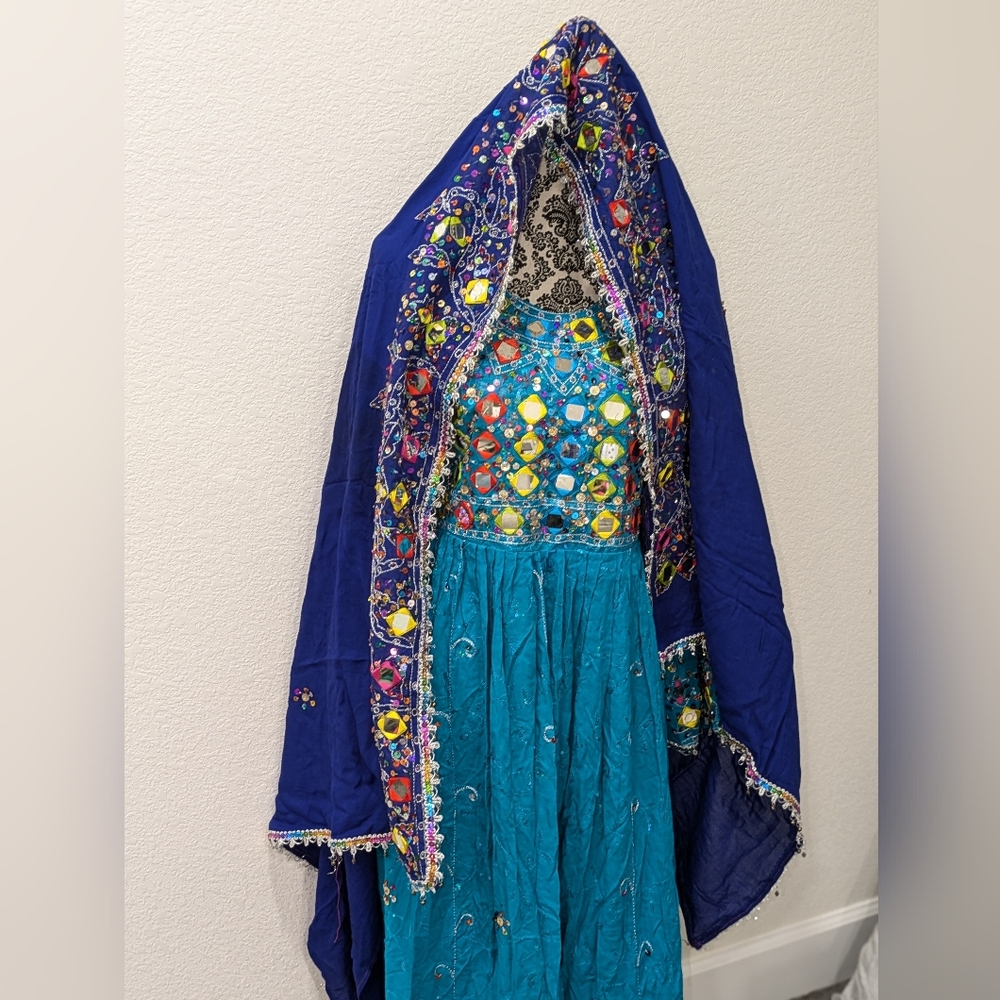 Vibrant Blue and Teal Embroidered Afghan Dress with Mirrors